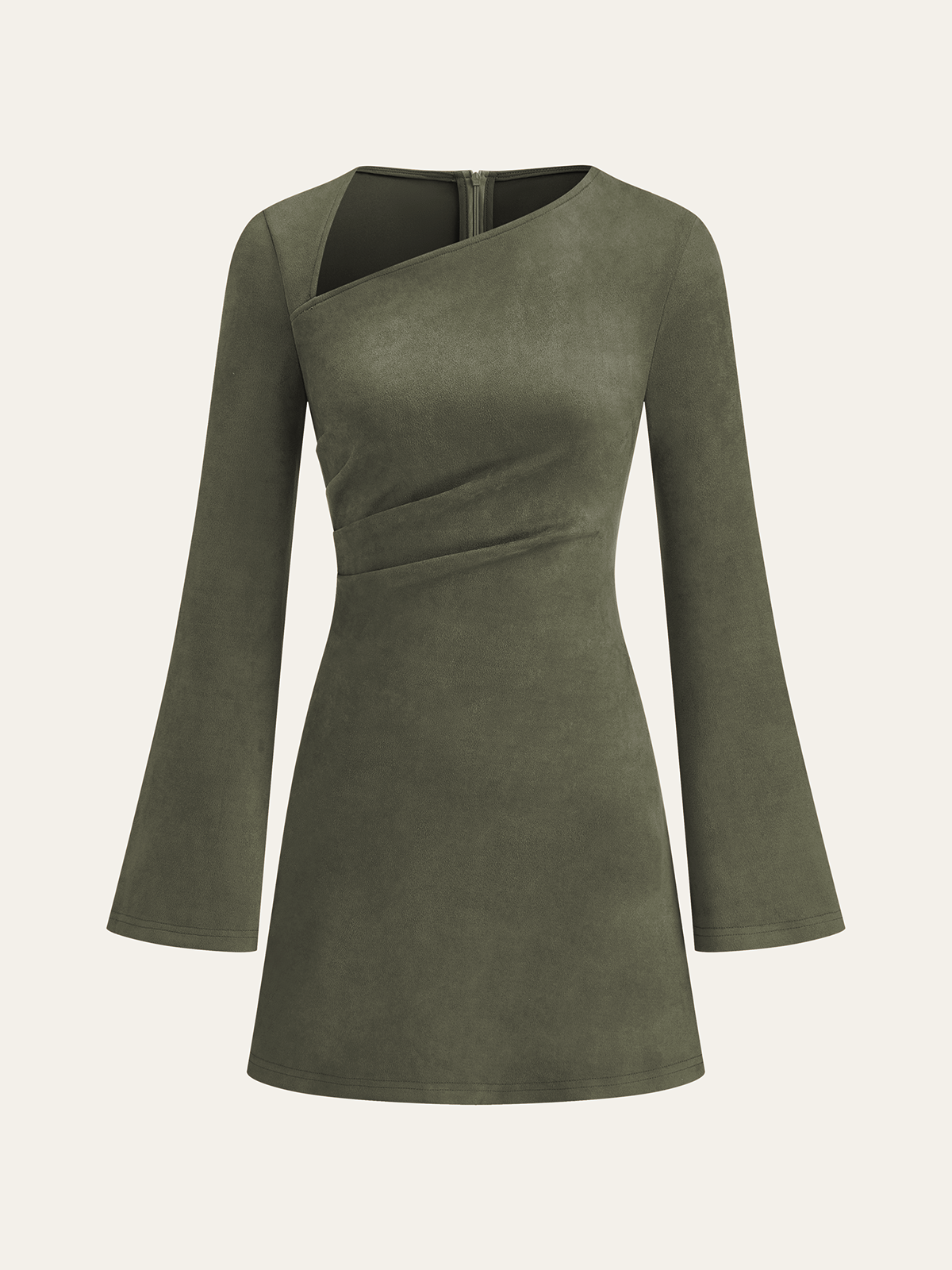 Asimetrik Büzgülü Uzun Kollu Süet Görünümlü Mini Elbise
