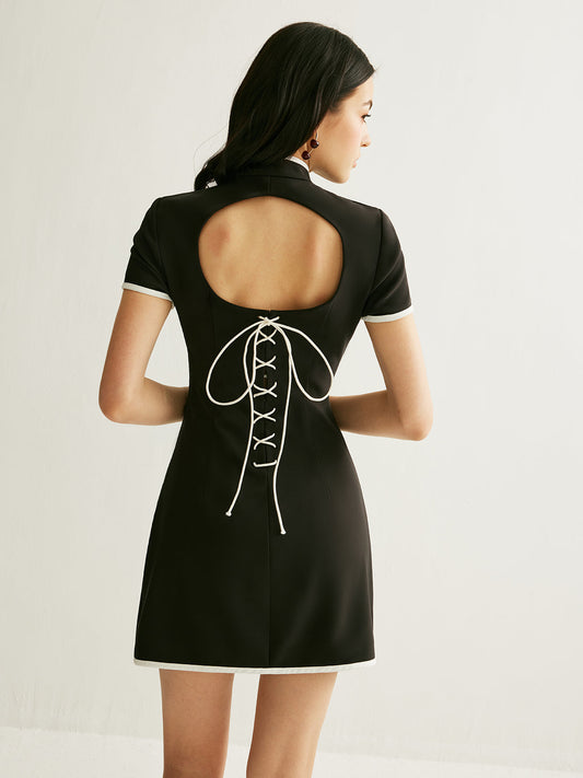 Renk Bloklu, Kesik Detaylı, Büzgülü Elbise