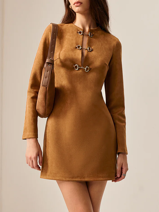 Süet Görünümlü Metal Detaylı Kısa Elbise