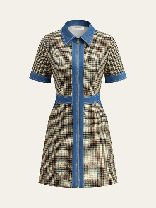 Ekose Desenli Kontrast Detaylı Mini Elbise
