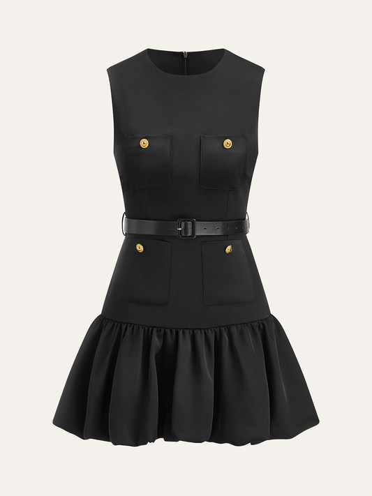 Fırfırlı Etek Ucu Metal Düğmeli Kemersiz Mini Elbise