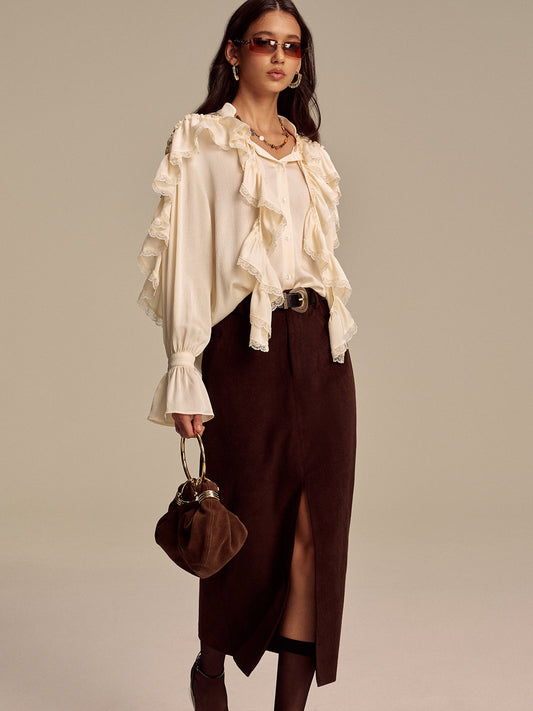 Fırfırlı Dantel Detaylı Çan Kollu Gömlek