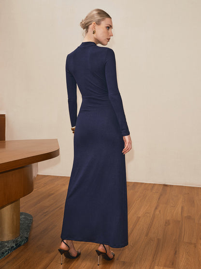 Yüksek Yakalı, Büzgülü, Yırtmaçlı Maksi Elbise