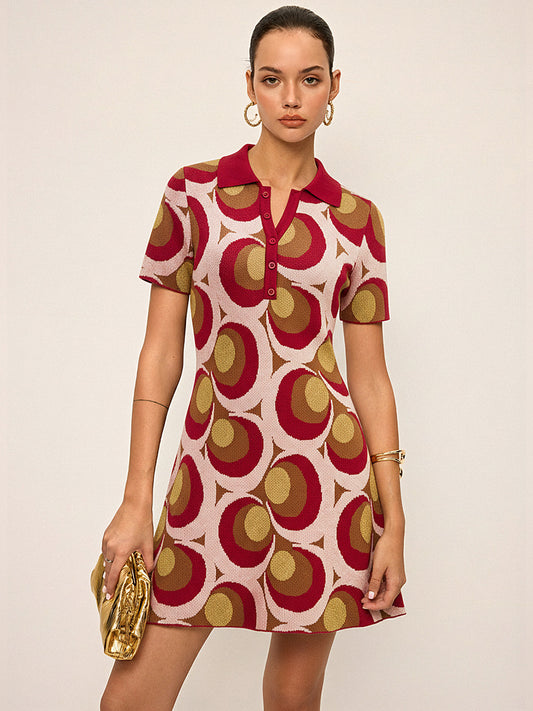 Vintage Baskılı Polo Yakalı Kazak Elbise