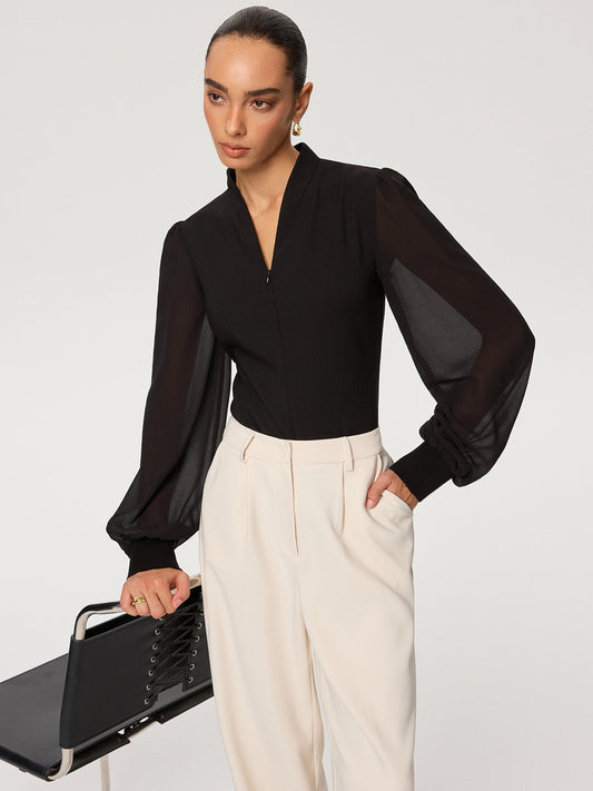Fermuar Detaylı Şifon Kollu Bluz