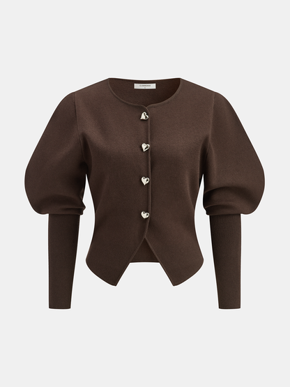 Koyun Budu Kollu, Kalp Düğmeli Yün Karışımlı Hırka