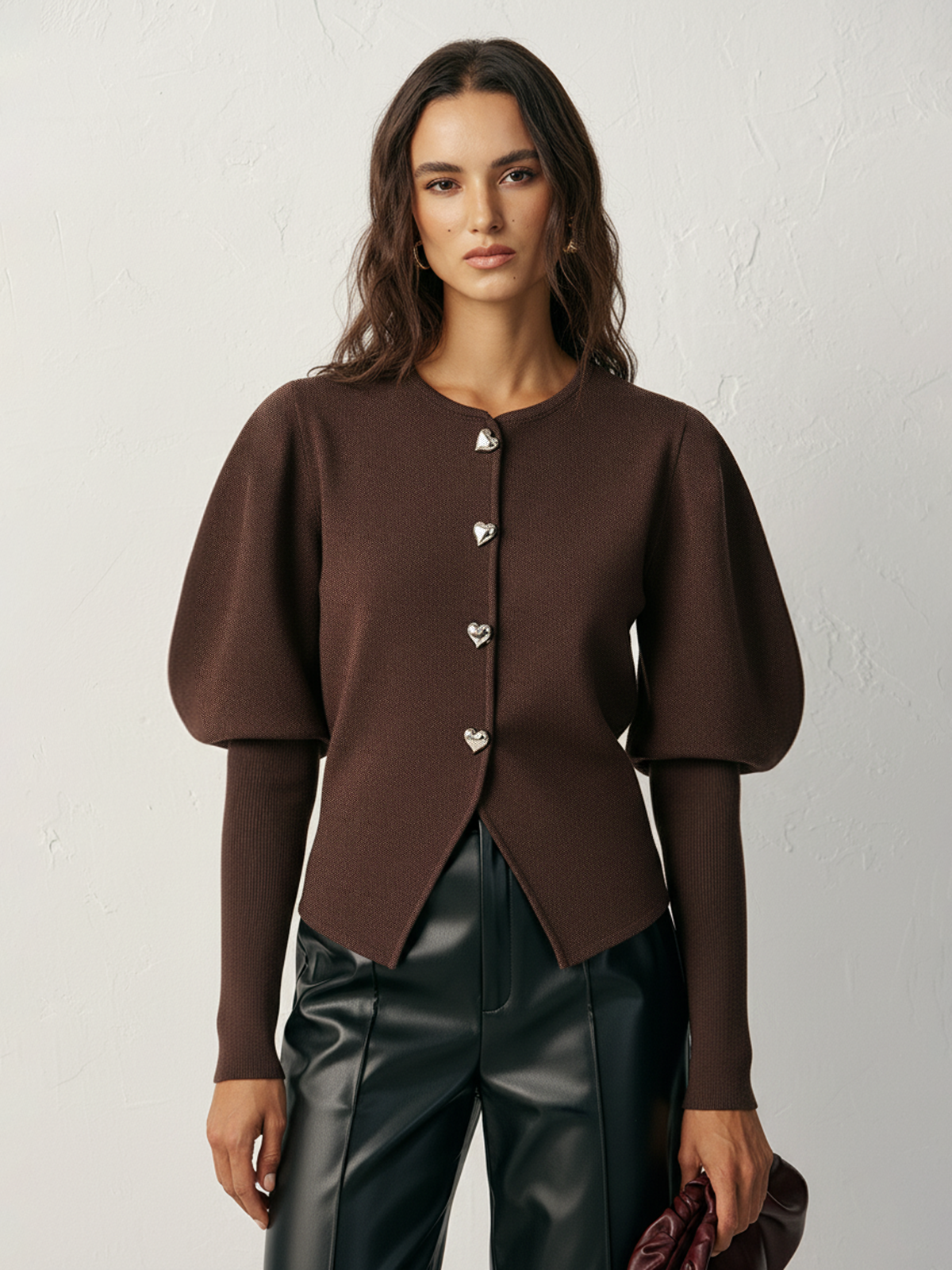 Koyun Budu Kollu, Kalp Düğmeli Yün Karışımlı Hırka