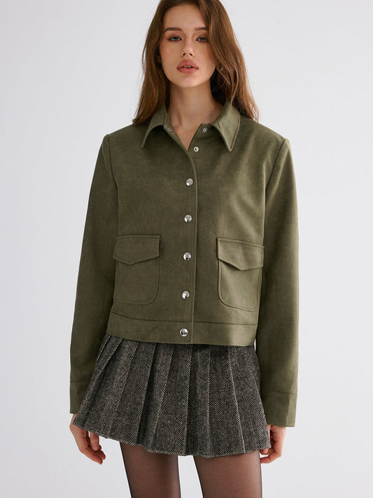 Süet Görünümlü Yaka Düğmeli Ceket