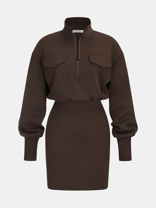 Yarım Fermuarlı Sweatshirt Mini Elbise
