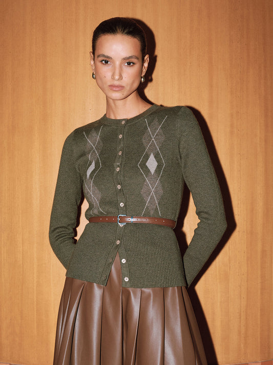 Kemerli Olmayan Argyle Yün Karışımlı Örgü Hırka