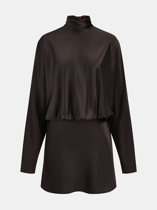 Dökümlü Saten Bağlamalı Yaka Mini Elbise