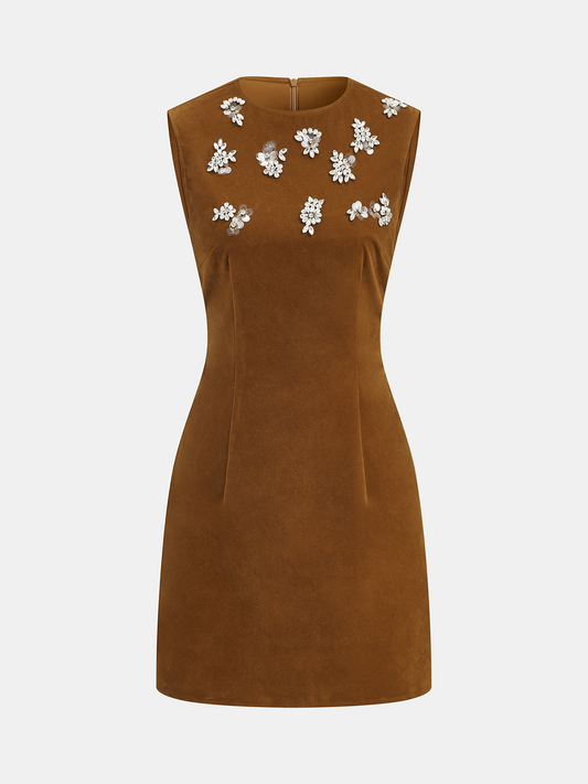 Kristal İşlemeli Kadife Kolsuz Mini Elbise