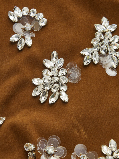 Kristal İşlemeli Kadife Kolsuz Mini Elbise