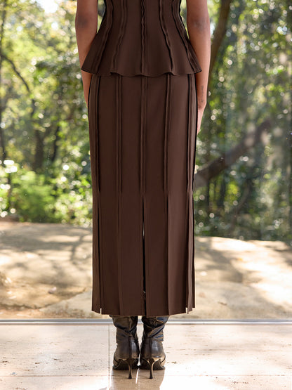 Dikiş Detaylı Yırtmaçlı Midi Etek